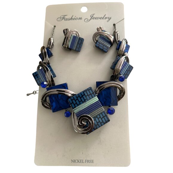 Contemporary Blue Geometric Art Deco Necklace & Earring Set Nickel Free - Picture 5 of 6